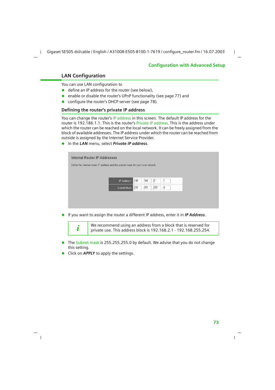 Lan configuration, Defining the router's private ip address, Configuration | Siemens SE505 User Manual | Page 74 / 135