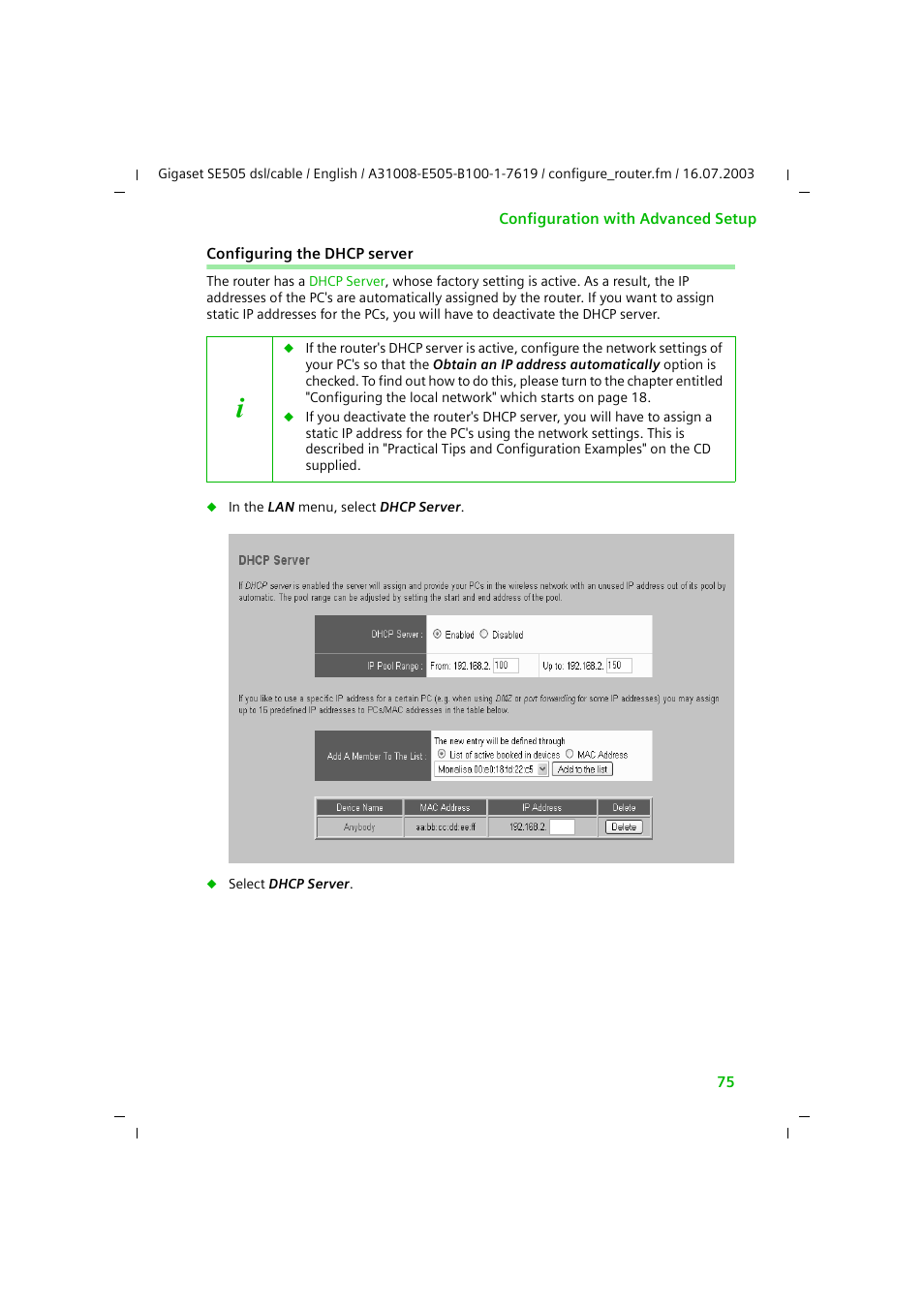 Configuring the dhcp server | Siemens SE505 User Manual | Page 76 / 135