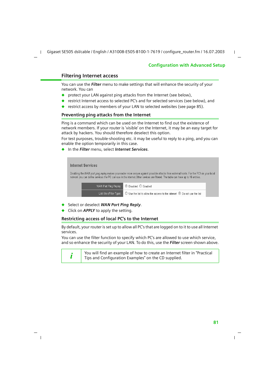 Filtering internet access, Preventing ping attacks from the internet, Restricting access of local pc's to the internet | Filtering internet, Access | Siemens SE505 User Manual | Page 82 / 135