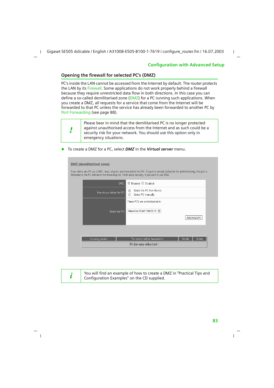 Opening the firewall for selected pc's (dmz) | Siemens SE505 User Manual | Page 84 / 135