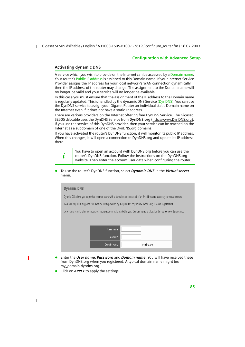 Activating dynamic dns | Siemens SE505 User Manual | Page 86 / 135