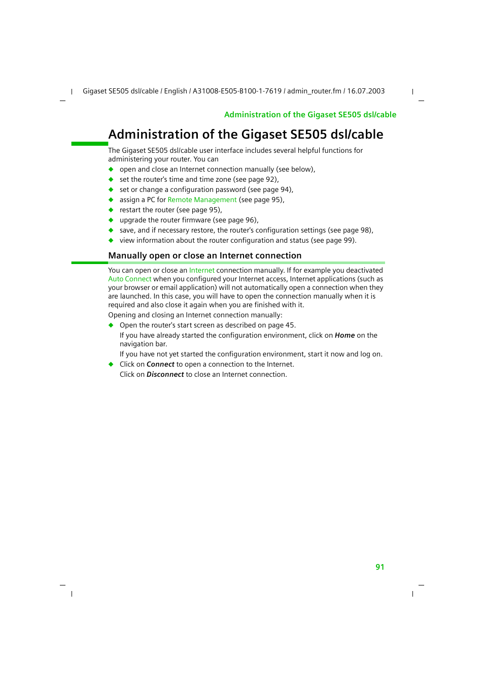 Administration of the gigaset se505 dsl/cable, Manually open or close an internet connection | Siemens SE505 User Manual | Page 87 / 135