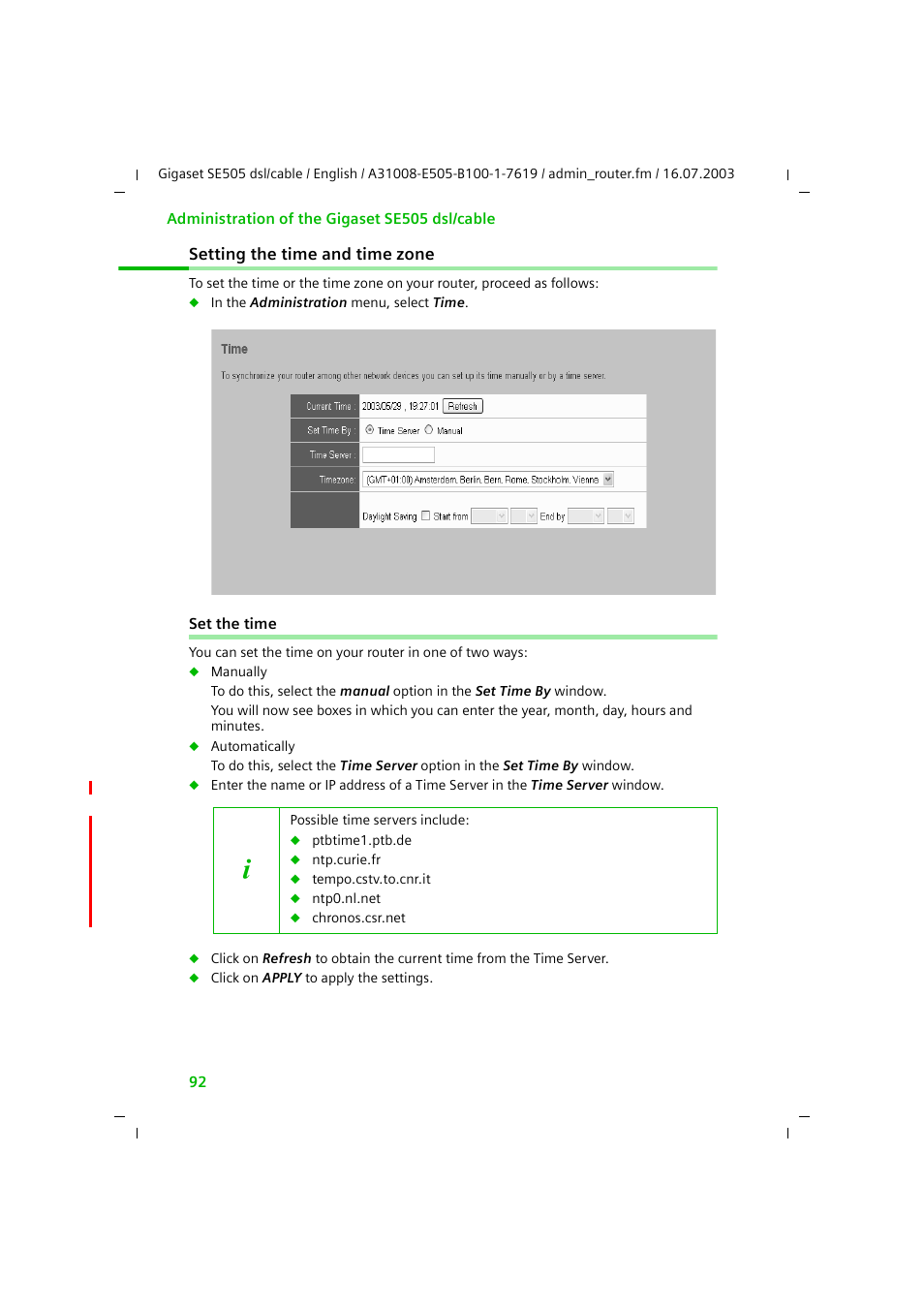 Setting the time and time zone, Set the time | Siemens SE505 User Manual | Page 88 / 135