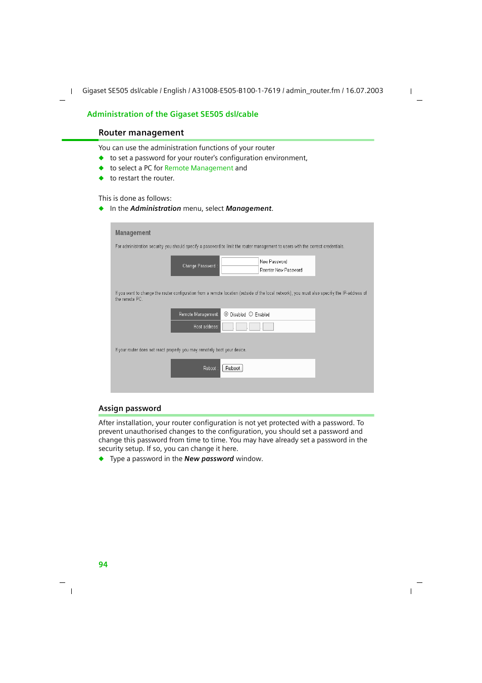 Router management, Assign password | Siemens SE505 User Manual | Page 90 / 135