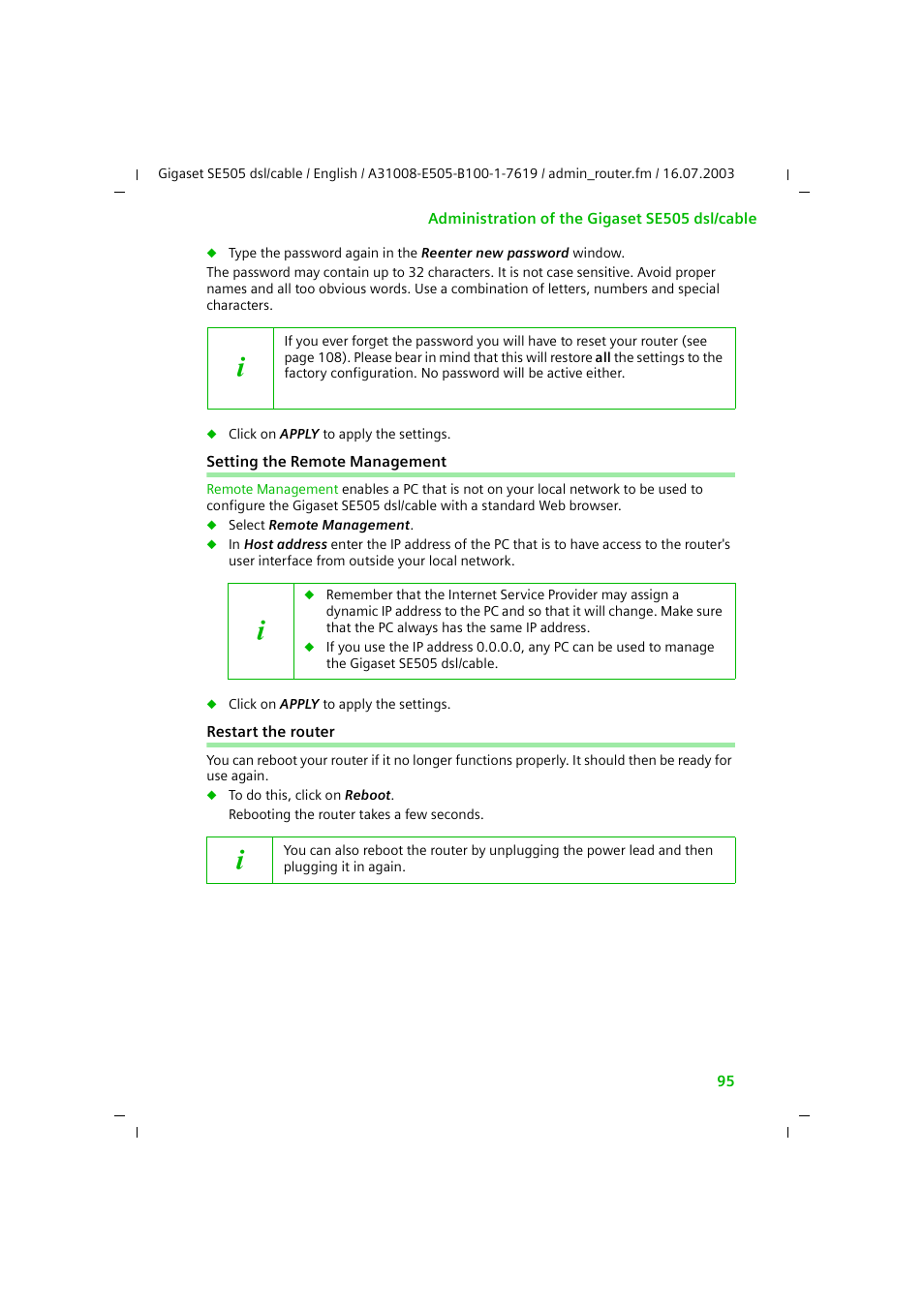 Setting the remote management, Restart the router | Siemens SE505 User Manual | Page 91 / 135