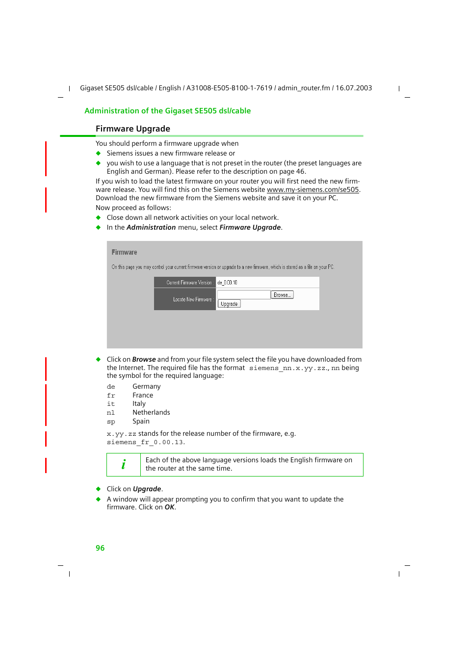 Firmware upgrade | Siemens SE505 User Manual | Page 92 / 135