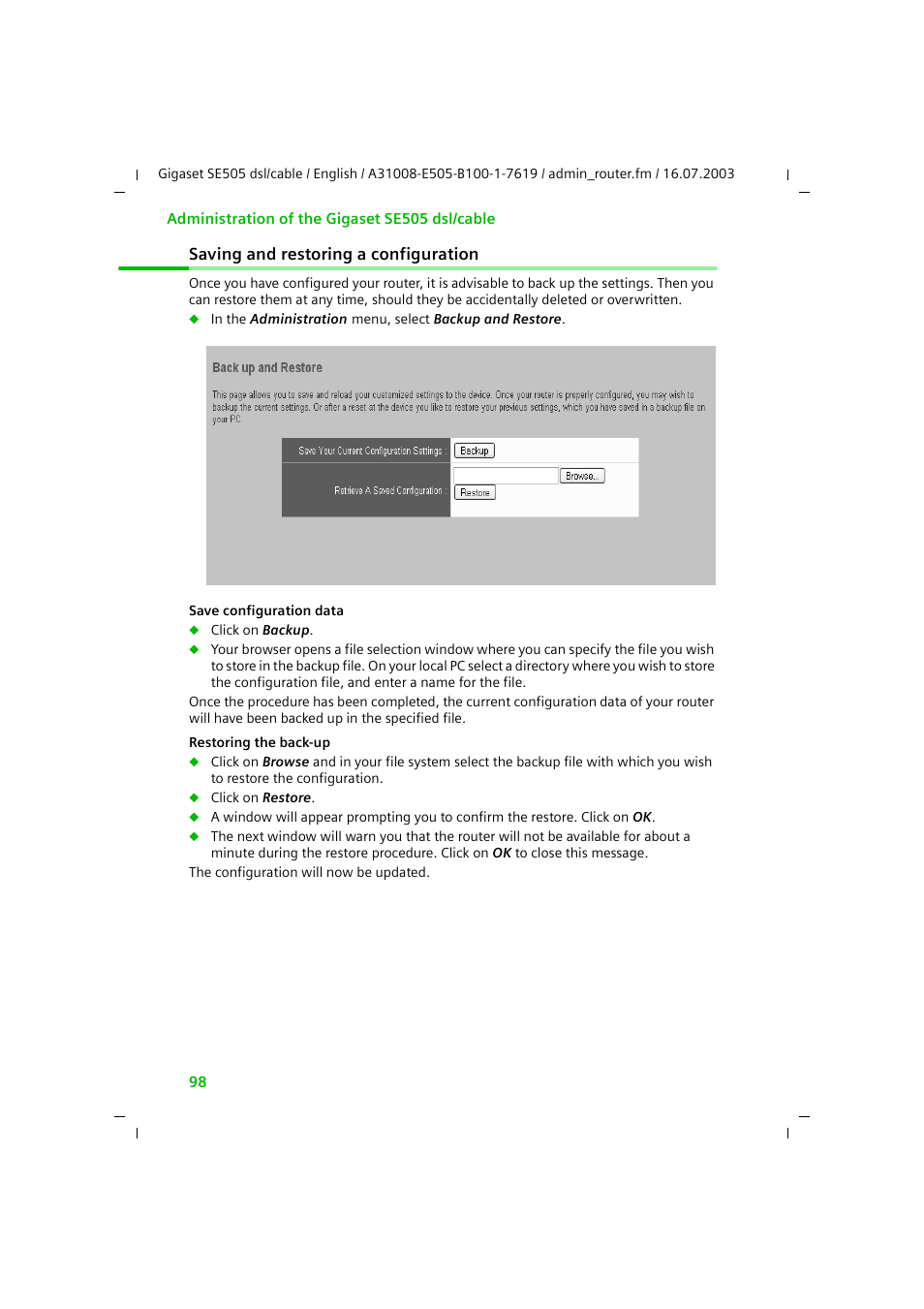 Saving and restoring a configuration | Siemens SE505 User Manual | Page 94 / 135