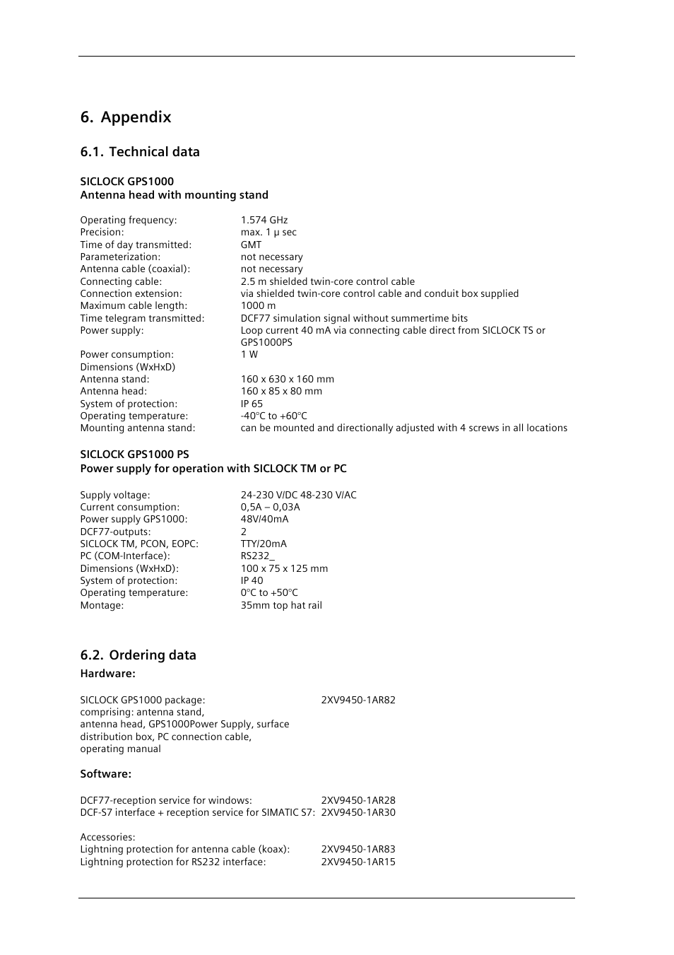 Appendix, Technical data, Ordering data | Siemens GPS1000 Radio Clock 2XV9450-1AR82 User Manual | Page 18 / 21