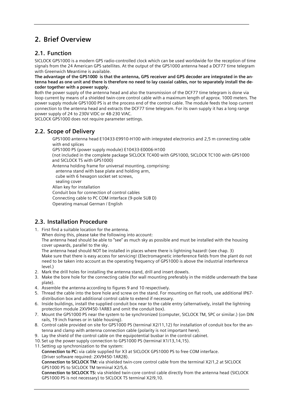 Brief overview, Function, Scope of delivery | Installation procedure | Siemens GPS1000 Radio Clock 2XV9450-1AR82 User Manual | Page 7 / 21