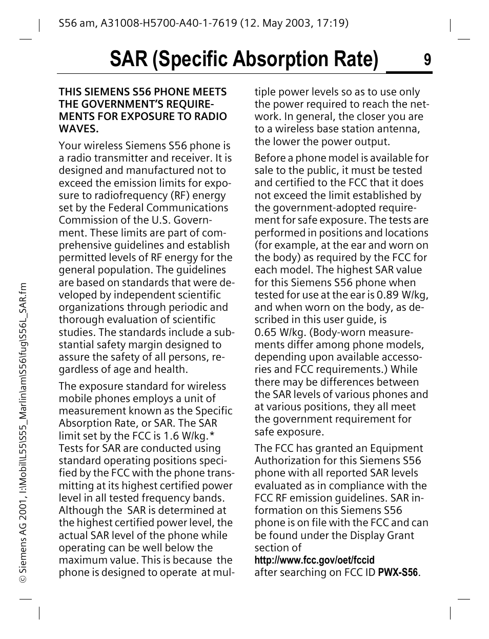 Sar (specific absorption rate) | Siemens S56 User Manual | Page 10 / 152
