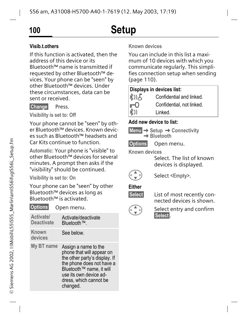 Setup | Siemens S56 User Manual | Page 100 / 152