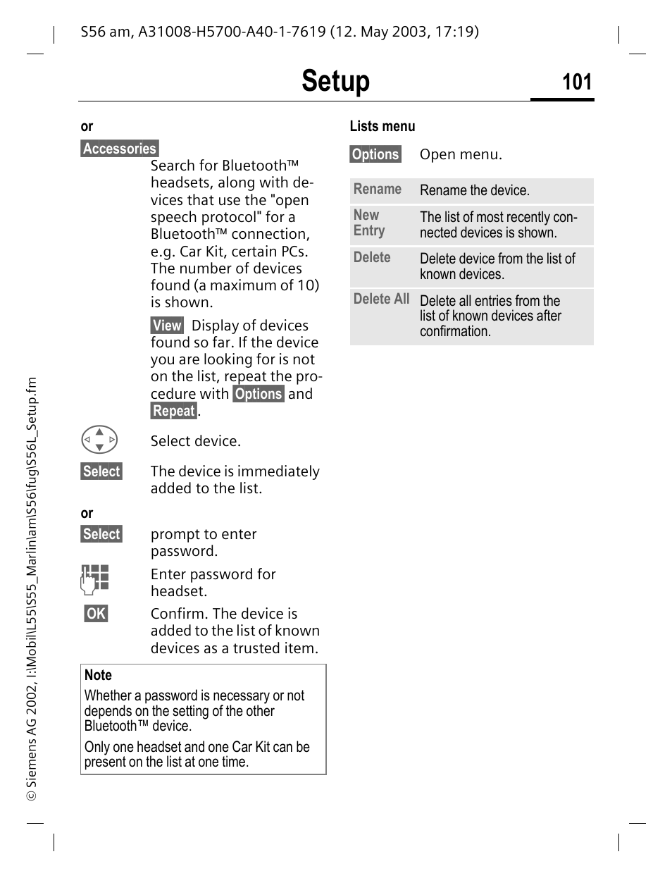 Setup | Siemens S56 User Manual | Page 101 / 152