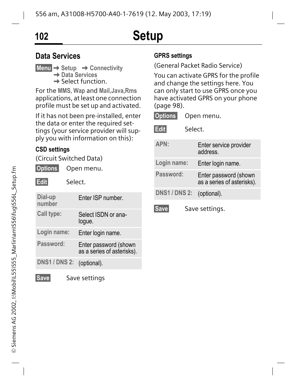 Setup, Data services | Siemens S56 User Manual | Page 102 / 152