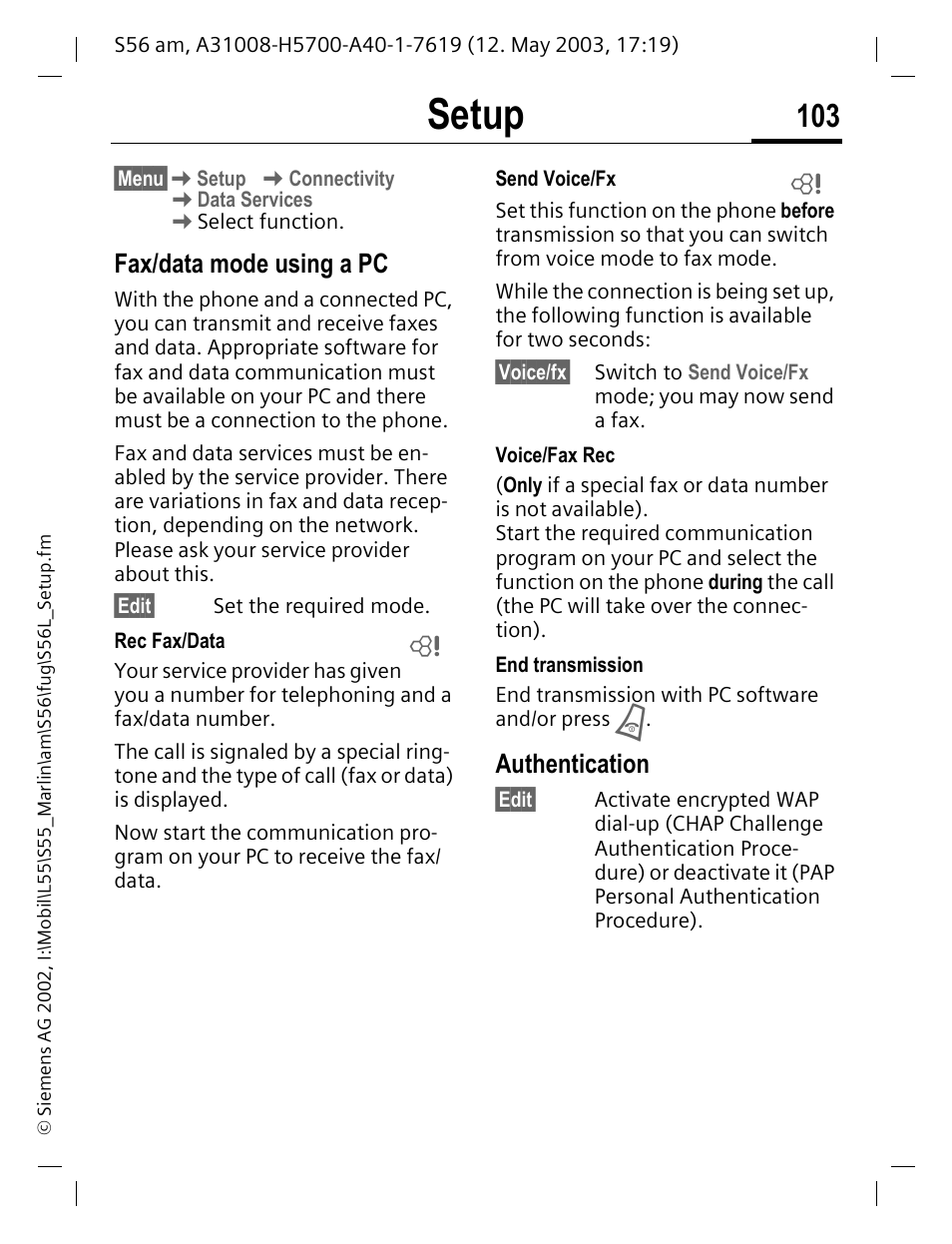 Fax/data mode using a pc, Authentication, Setup | Siemens S56 User Manual | Page 103 / 152