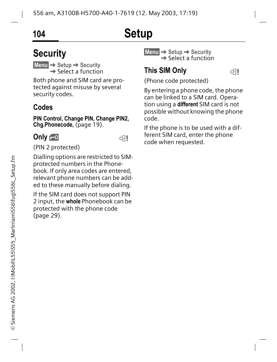 Codes, Only, This sim only | Security, Setup | Siemens S56 User Manual | Page 104 / 152