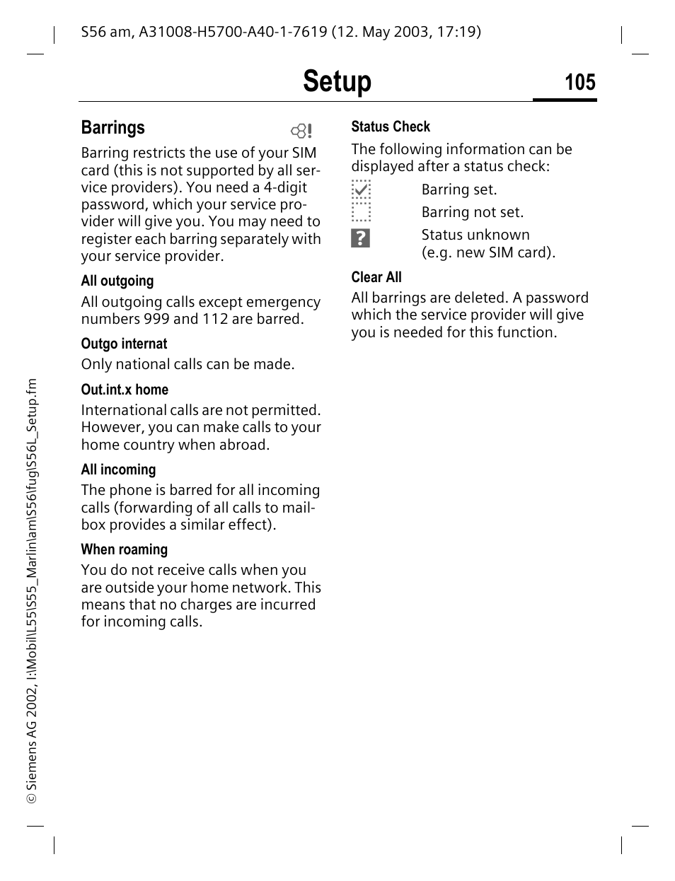 Setup, Barrings | Siemens S56 User Manual | Page 105 / 152