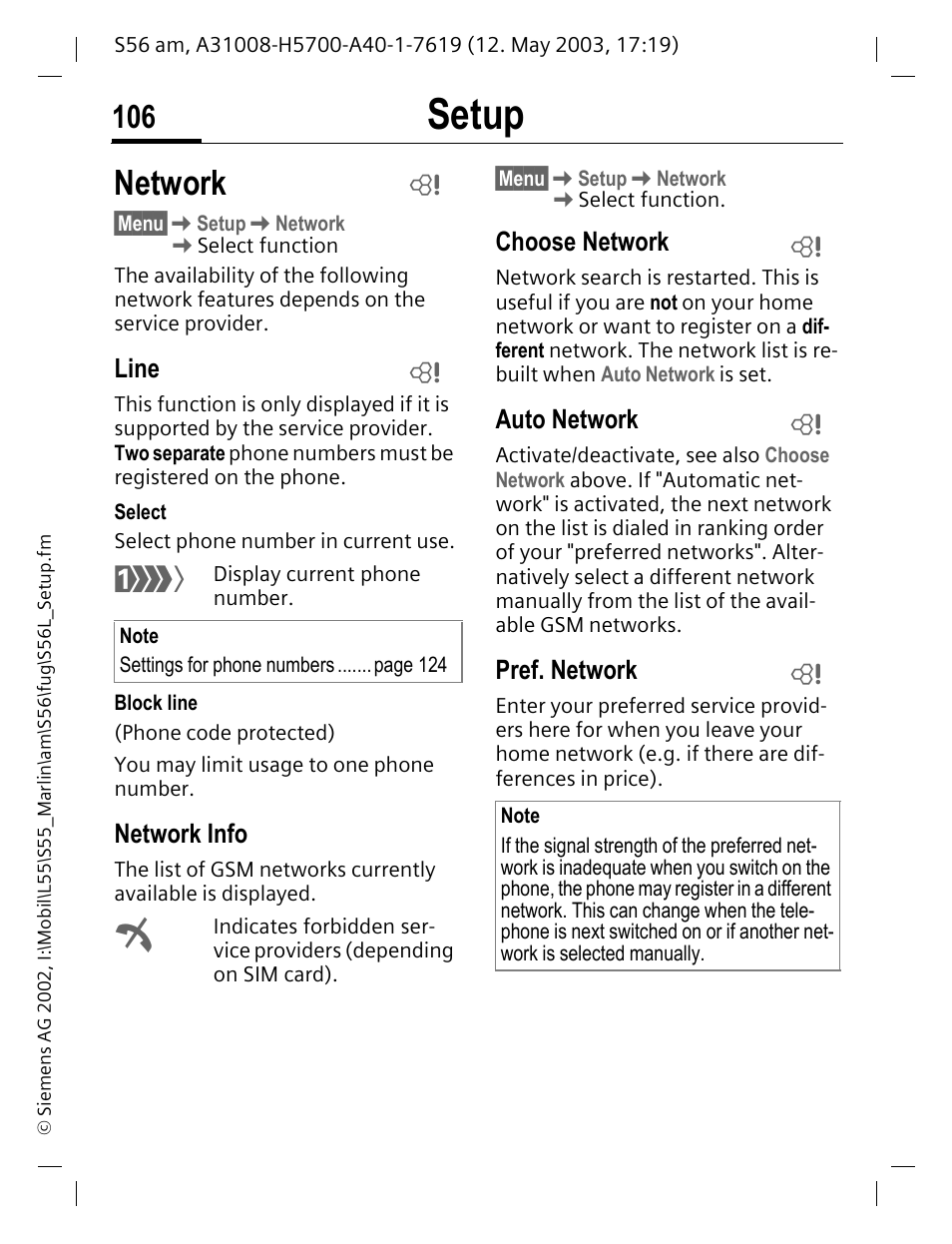 Line, Network info, Choose network | Auto network, Pref. network, Network, Setup | Siemens S56 User Manual | Page 106 / 152