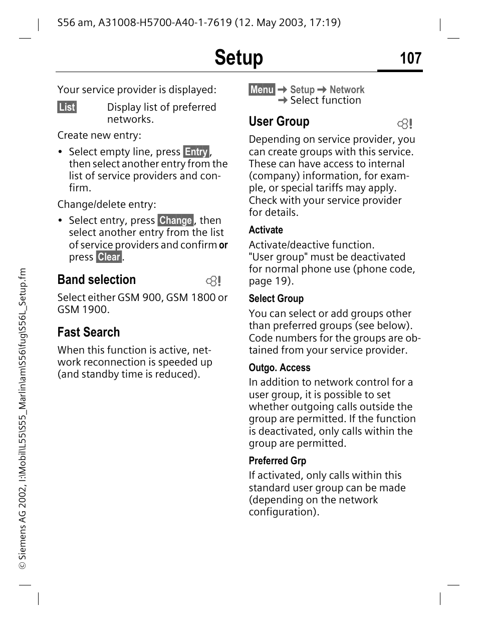 Band selection, Fast search, User group | Setup | Siemens S56 User Manual | Page 107 / 152