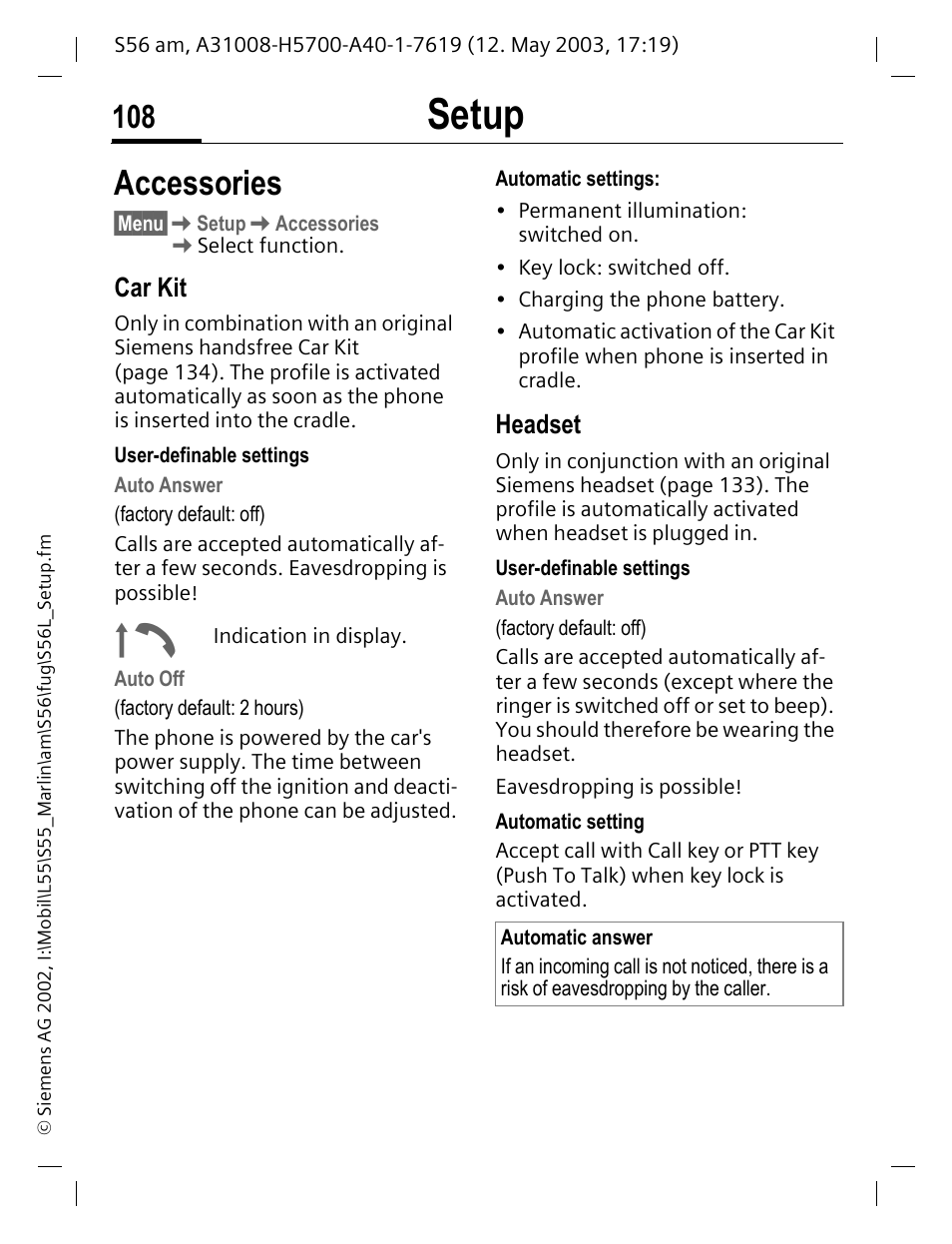 Car kit, Headset, Accessories | P. 108), Setup | Siemens S56 User Manual | Page 108 / 152