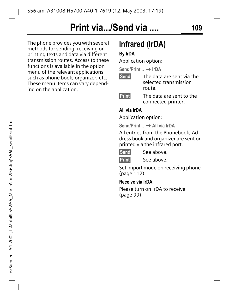 Print via.../ send via, Print via.../send via, Infrared (irda) | Siemens S56 User Manual | Page 109 / 152