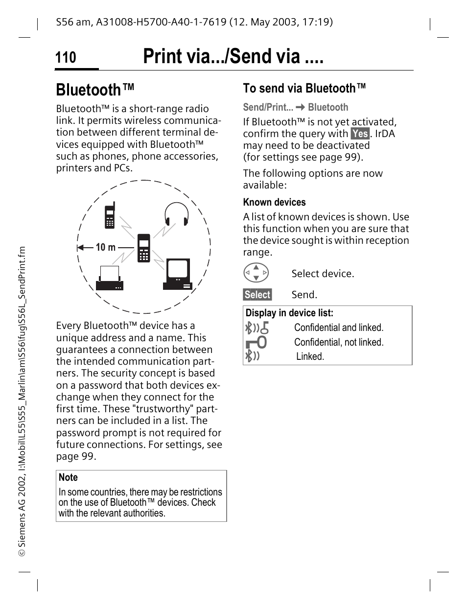 To send via bluetooth, Bluetooth, Print via.../send via | Siemens S56 User Manual | Page 110 / 152