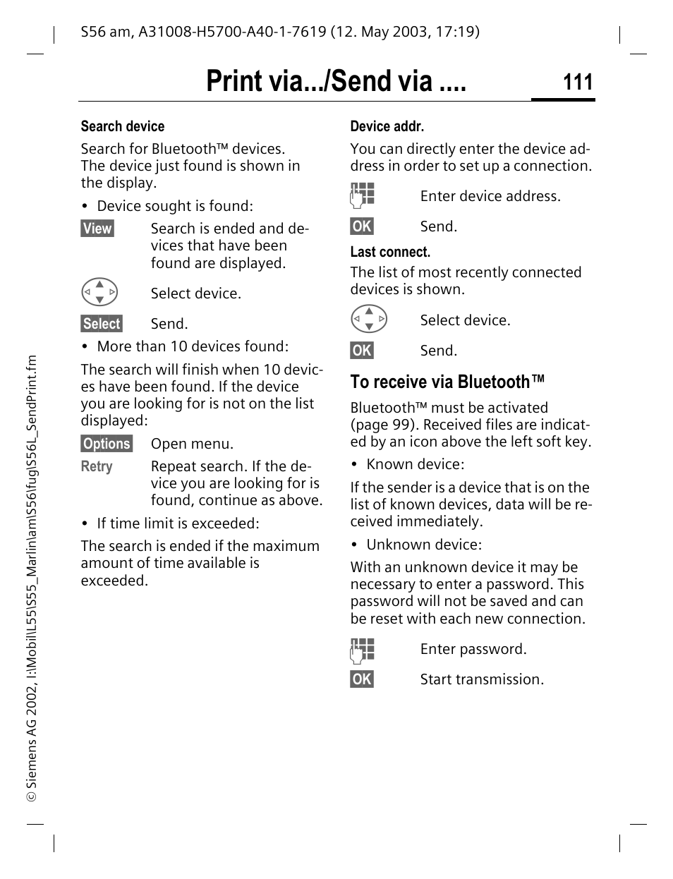 To receive via bluetooth, Print via.../send via | Siemens S56 User Manual | Page 111 / 152