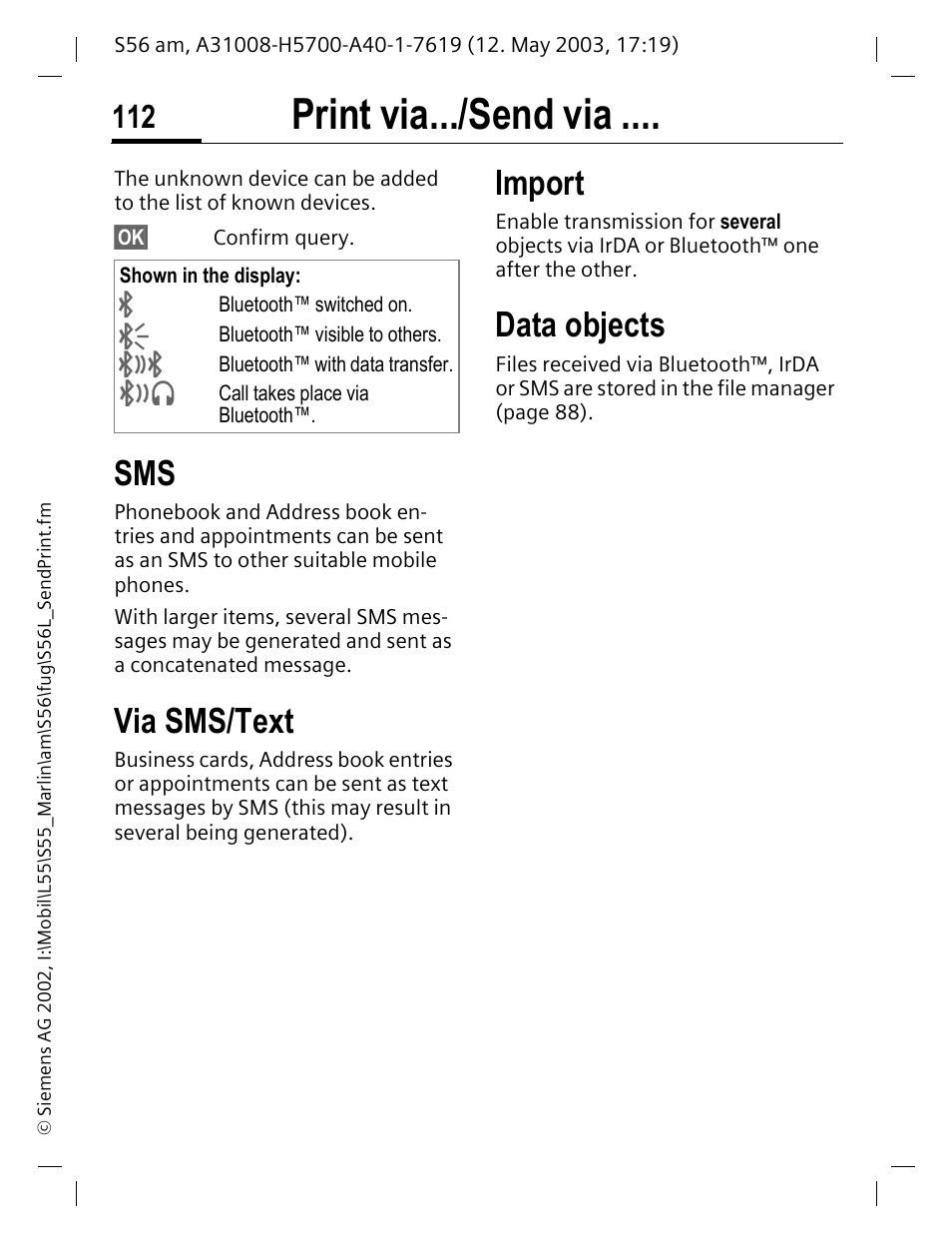 Print via.../send via, Via sms/text, Import | Data objects | Siemens S56 User Manual | Page 112 / 152