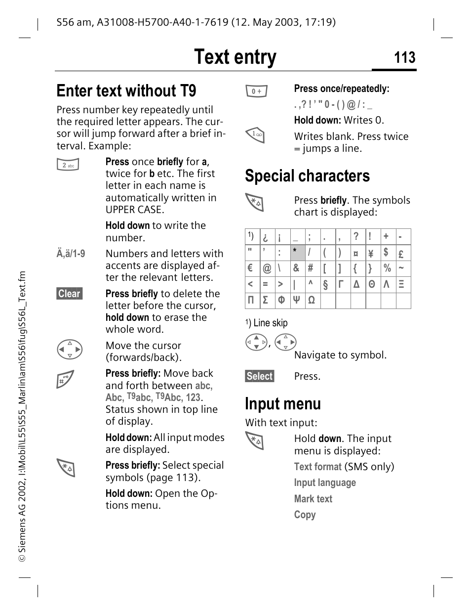 Text entry, Special characters, Input menu | Enter text without t9 | Siemens S56 User Manual | Page 113 / 152