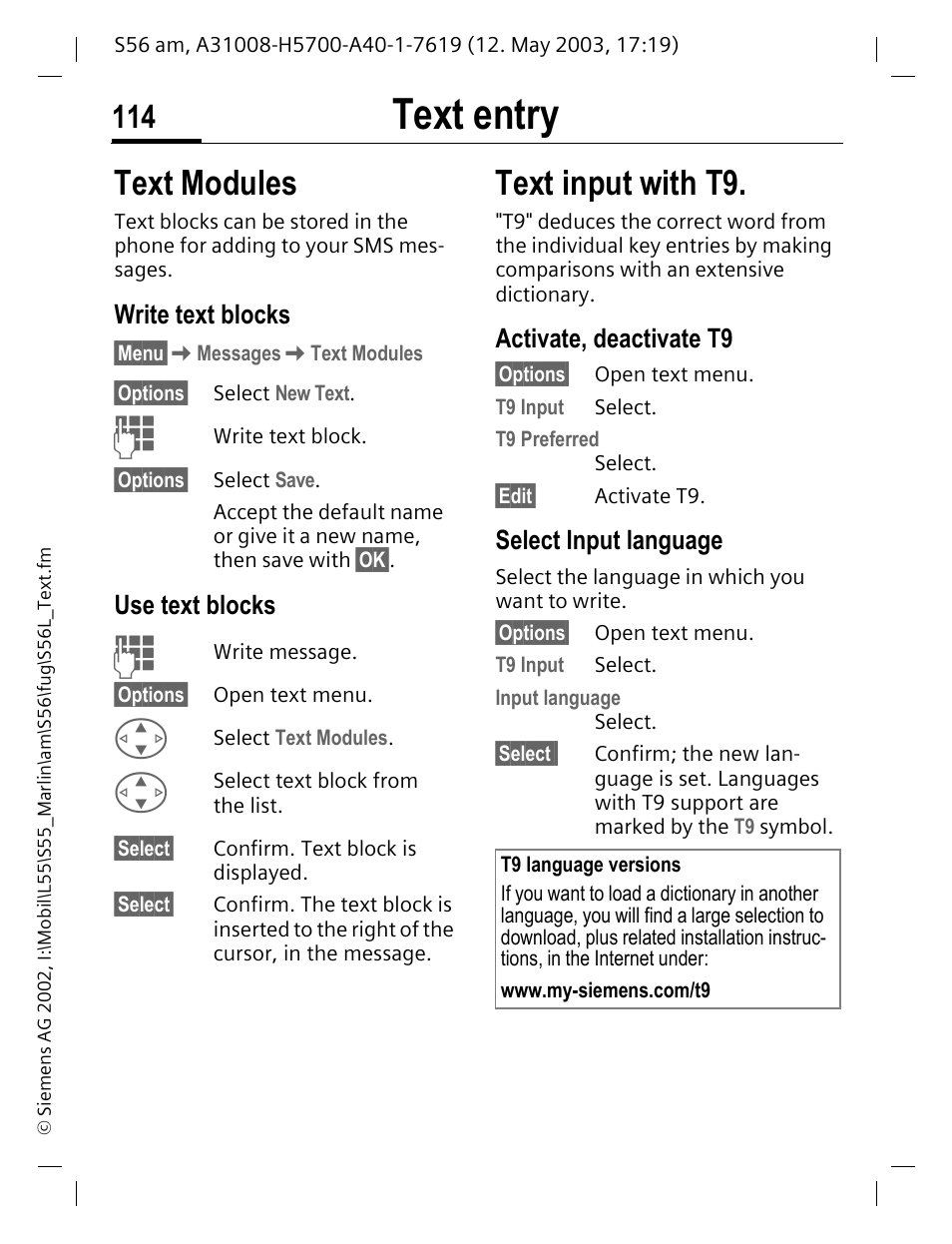 Write text blocks, Use text blocks, Activate, deactivate t9 | Select input language, Text modules, Text entry, Text input with t9 | Siemens S56 User Manual | Page 114 / 152