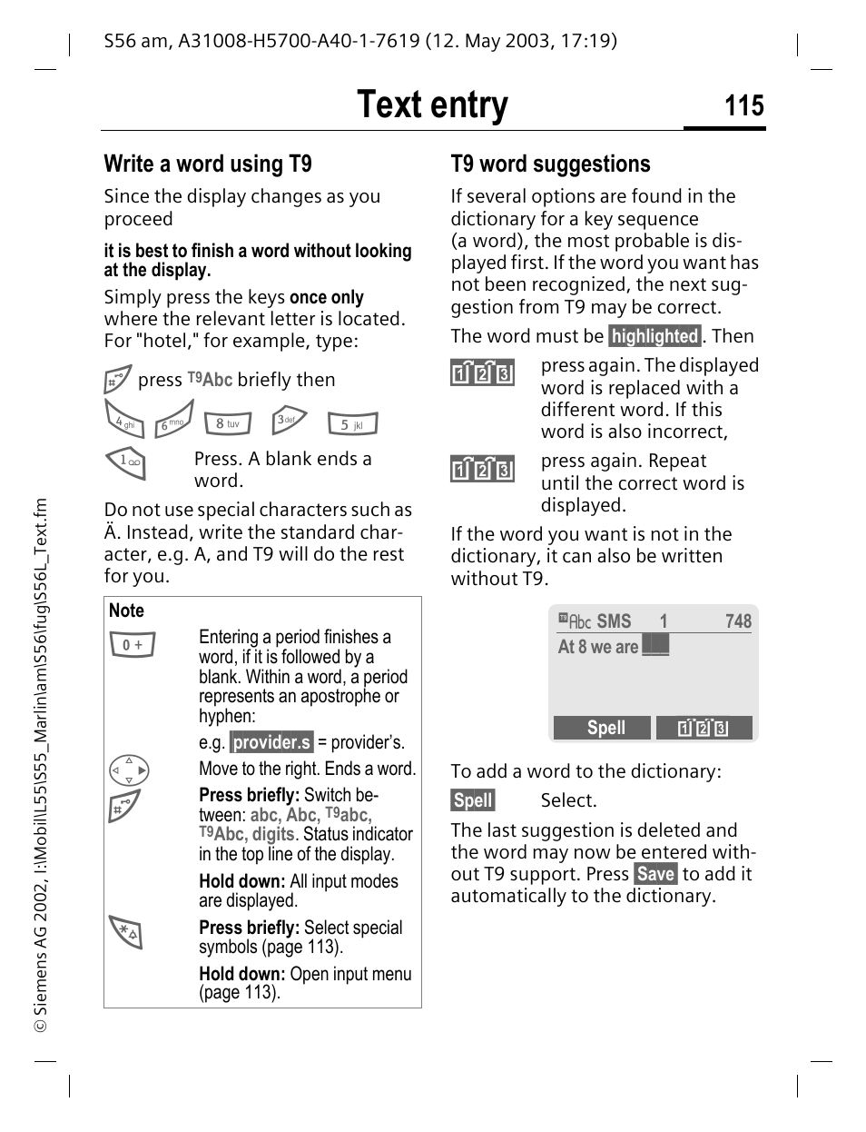 Text entry | Siemens S56 User Manual | Page 115 / 152