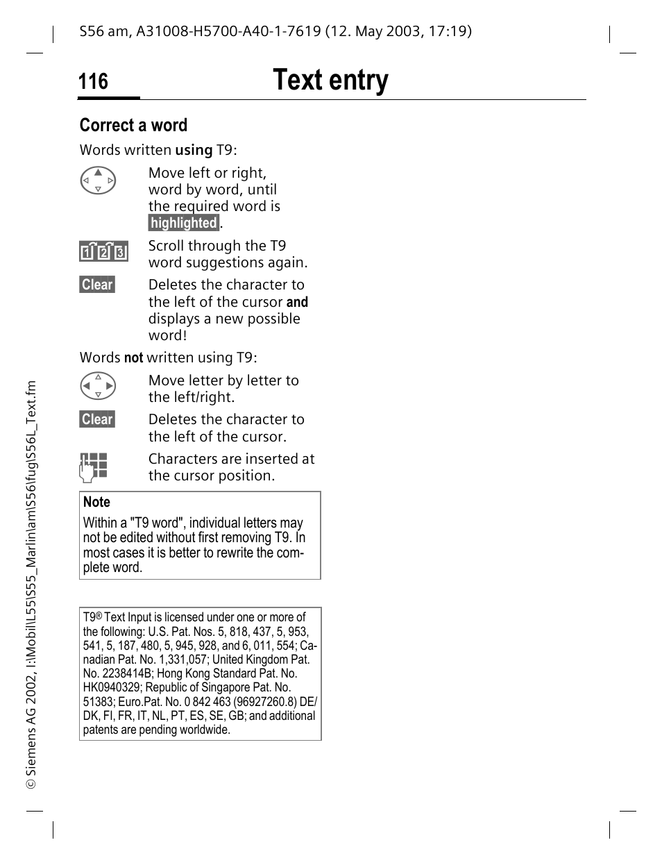 Text entry, Correct a word | Siemens S56 User Manual | Page 116 / 152