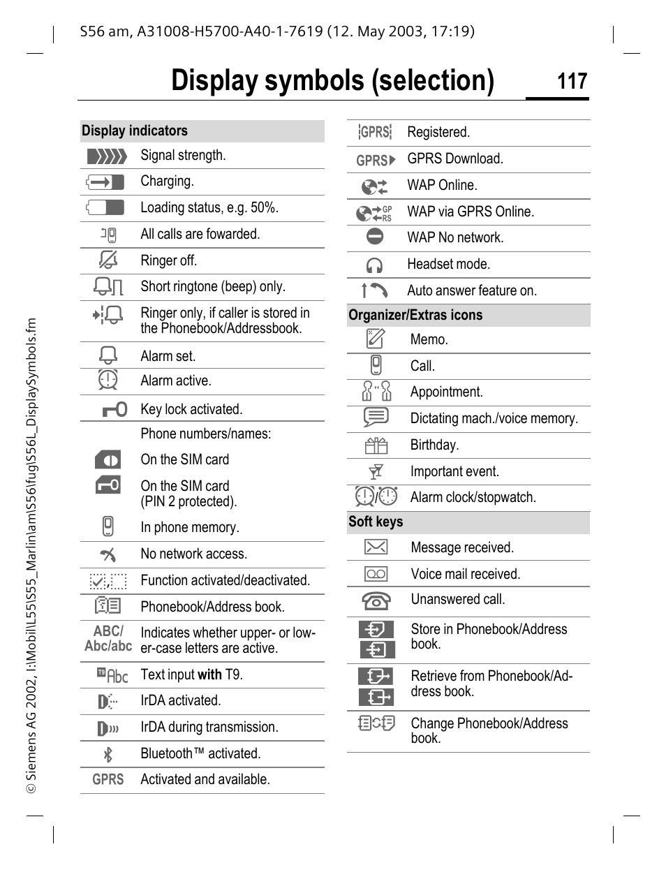 Display symbols (selection) | Siemens S56 User Manual | Page 117 / 152