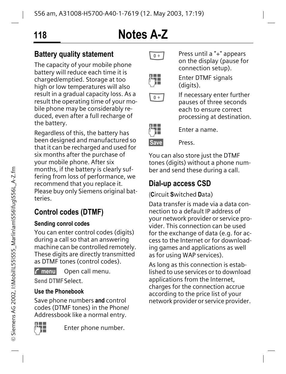 Notes a-z, Battery quality statement, Control codes (dtmf) | Dial-up access csd | Siemens S56 User Manual | Page 118 / 152