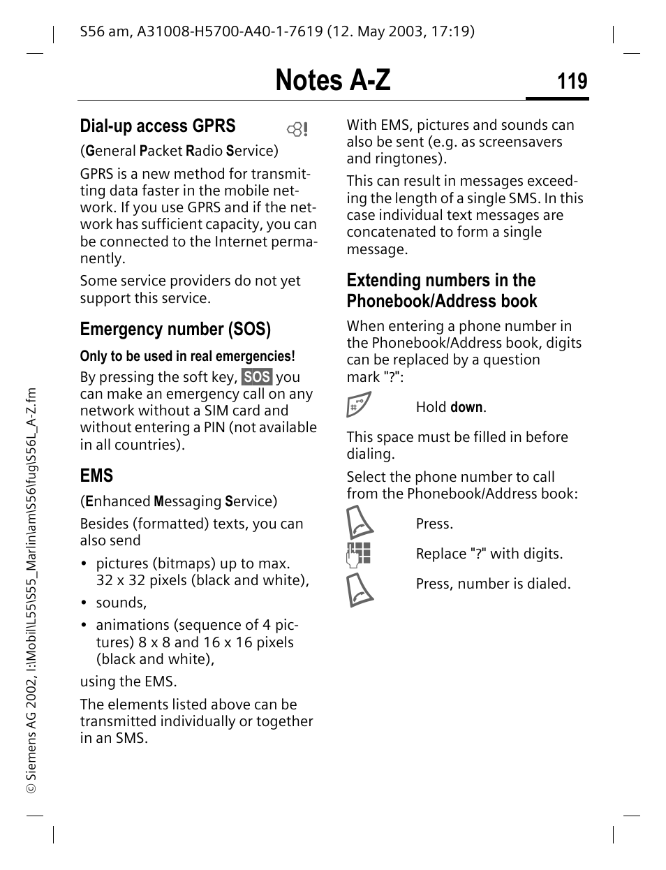 Emergency number (sos), Extending numbers in the phonebook/address book | Siemens S56 User Manual | Page 119 / 152