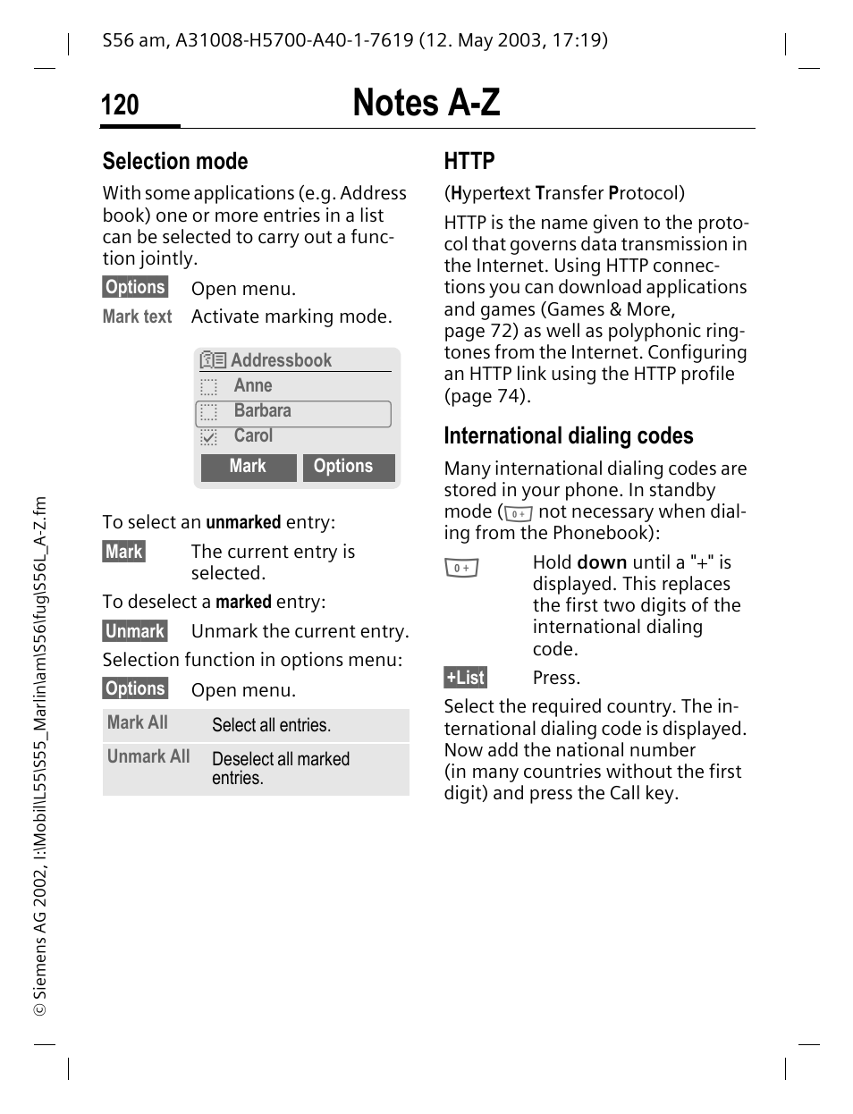 International dialing codes, Selection mode | Siemens S56 User Manual | Page 120 / 152