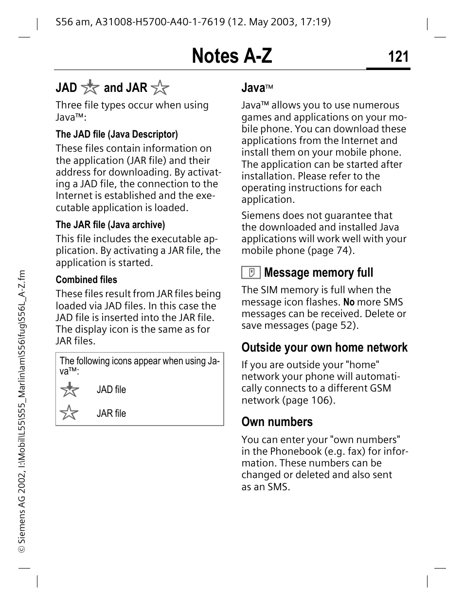 T message memory full, Outside your own home network, Own numbers | Siemens S56 User Manual | Page 121 / 152