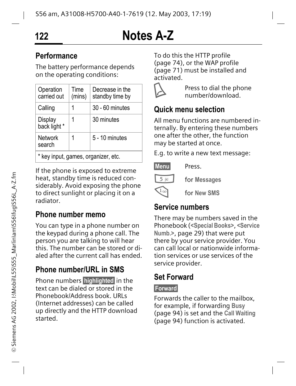 Performance, Phone number memo, Phone number/url in sms | Quick menu selection, Service numbers, Set forward | Siemens S56 User Manual | Page 122 / 152