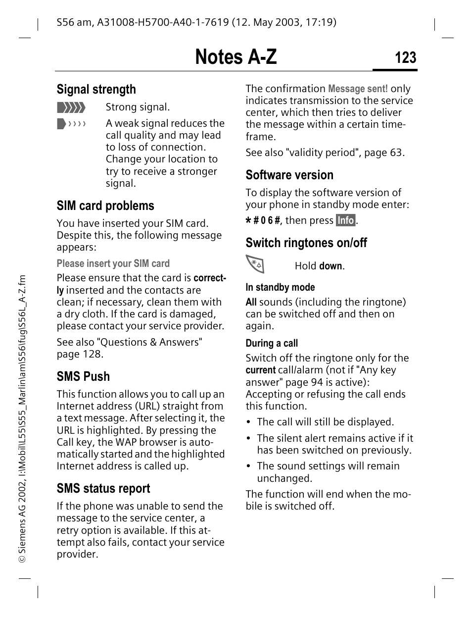 Sim card problems, Sms push, Sms status report | Software version, Switch ringtones on/off, Signal strength | Siemens S56 User Manual | Page 123 / 152