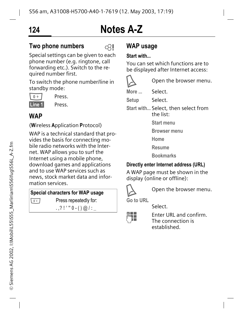 Two phone numbers | Siemens S56 User Manual | Page 124 / 152