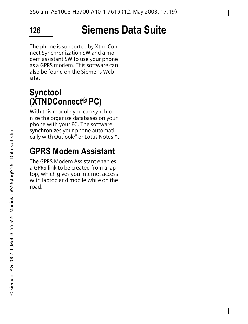 Siemens data suite, Synctool (xtndconnect, Gprs modem assistant | Siemens S56 User Manual | Page 126 / 152