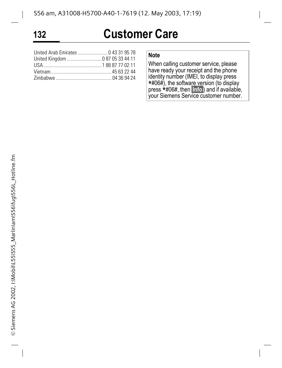 Customer care | Siemens S56 User Manual | Page 131 / 152