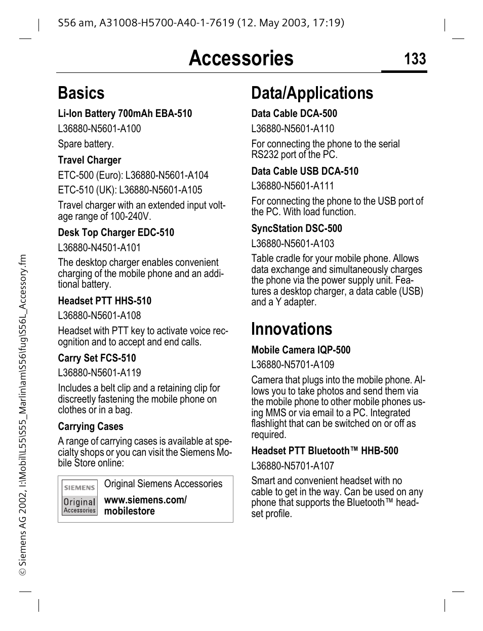 Accessories, Basics, Data/applications | Innovations | Siemens S56 User Manual | Page 132 / 152