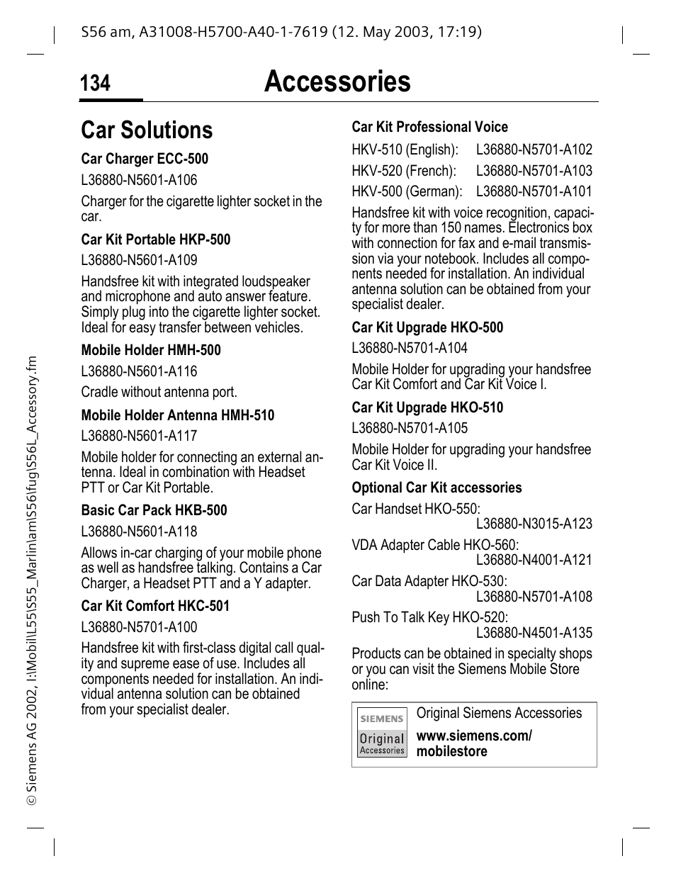 Accessories, Car solutions | Siemens S56 User Manual | Page 133 / 152