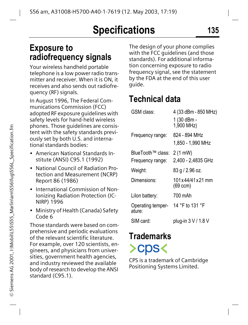 Specifications, Exposure to radiofrequency signals, Technical data | Trademarks, Exposure to radio frequency signals, Technical data trademarks | Siemens S56 User Manual | Page 134 / 152