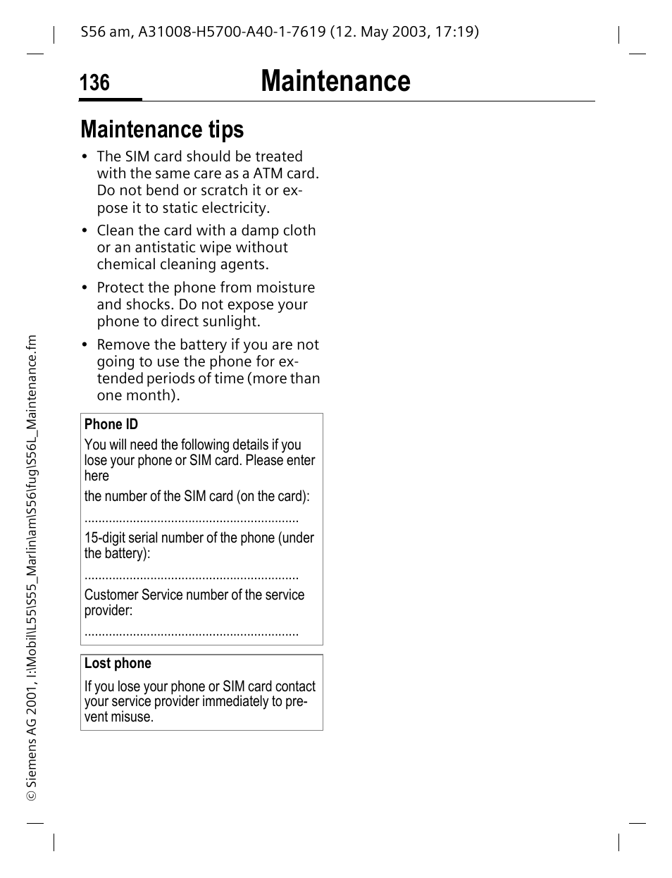 Maintenance, Maintenance tips | Siemens S56 User Manual | Page 135 / 152