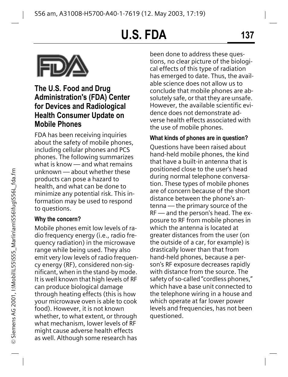 U.s. fda | Siemens S56 User Manual | Page 136 / 152