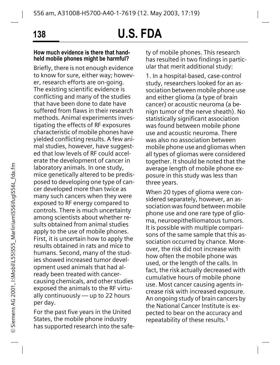U.s. fda | Siemens S56 User Manual | Page 137 / 152