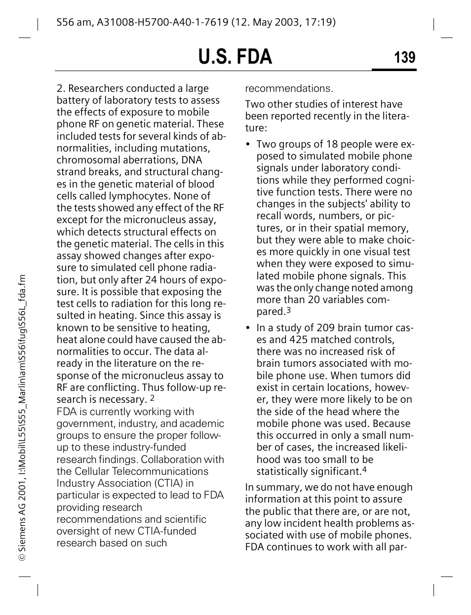 U.s. fda | Siemens S56 User Manual | Page 138 / 152