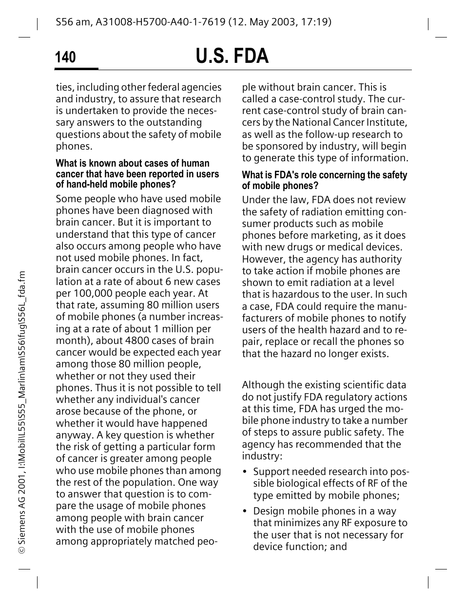 U.s. fda | Siemens S56 User Manual | Page 139 / 152