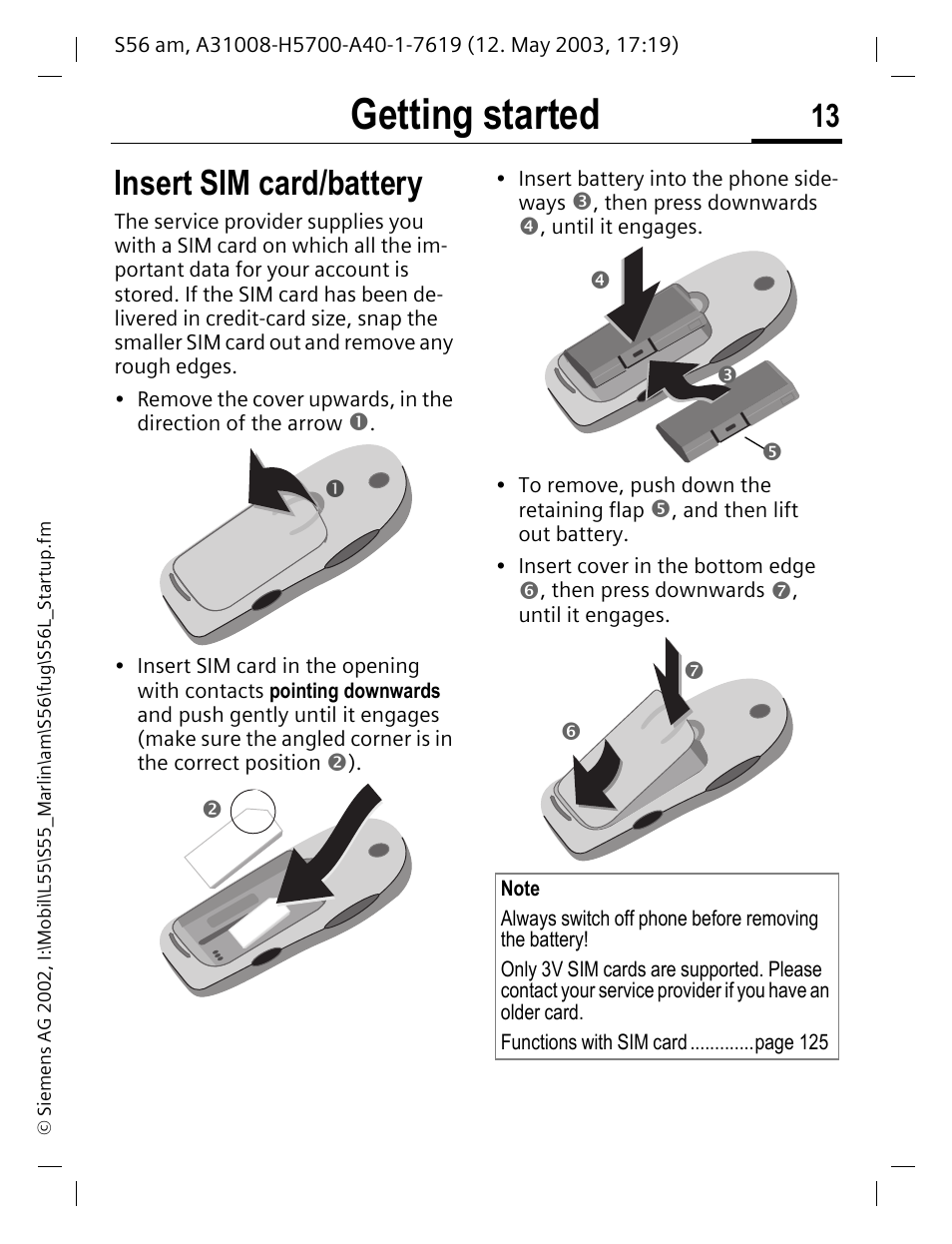 Getting started, Insert sim card/battery | Siemens S56 User Manual | Page 14 / 152